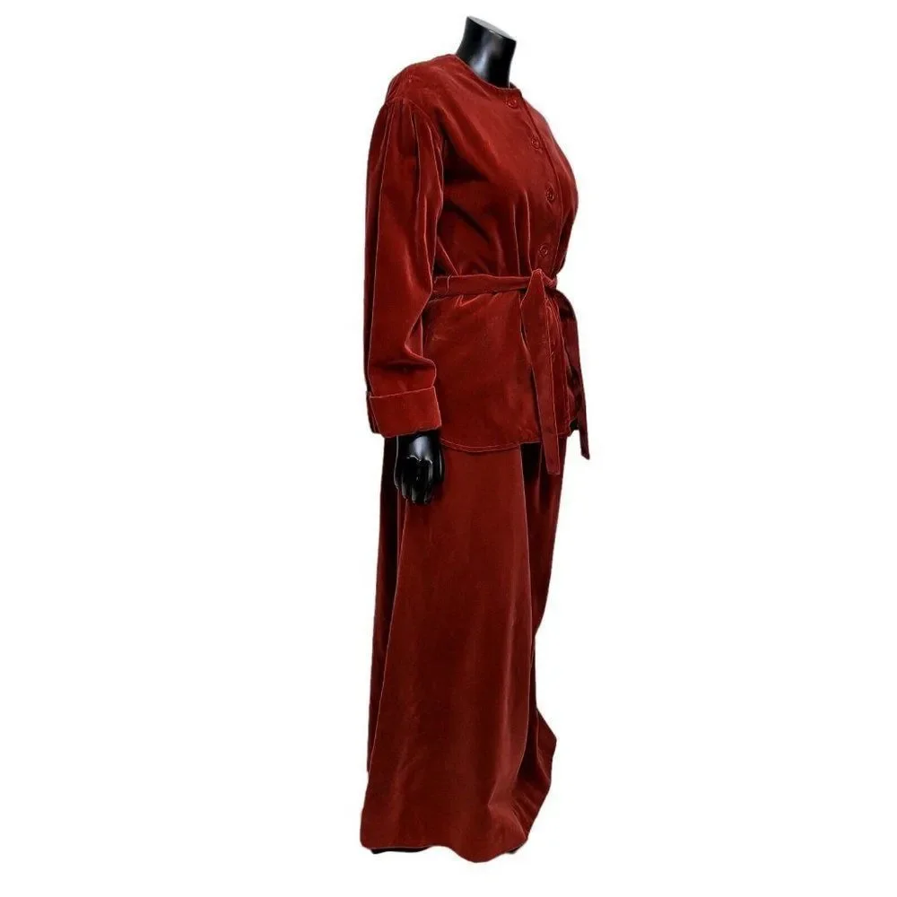 Vintage 70s Lenexa Place Rust Velour 2Pc Skirt Suit Set Belted Maxi USA ILGWU